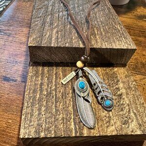 Southwest-Inspired Turquoise Feather‎ Pendant Necklace on Brown Leather Cord, Gi